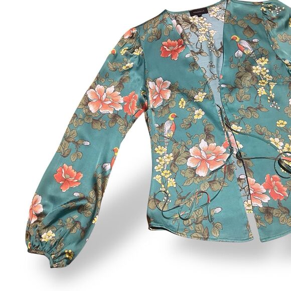 Majorelle Blouse Top Women Size S Green Floral Bird Print Long Sleeve Open Front - Picture 9 of 14